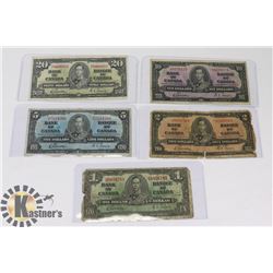 LOT OF FIVE 1937 BANK OF CANADA 1, 2, 5, 10 & $20
