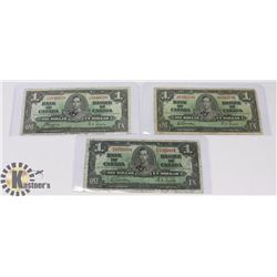 1937 LOT OF 3 BANK OF CANADA $1 DOLLAR NOTES,