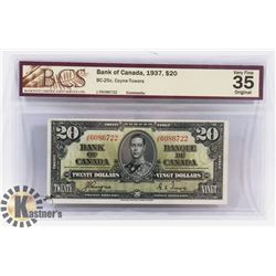 1937 CERTIFIED BANK OF CANADA $20 DOLLARS NOTE,