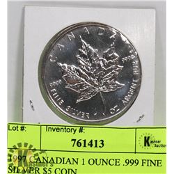 1997 CANADIAN 1 OUNCE .999 FINE SILVER $5 COIN.