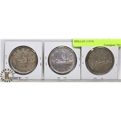 LOT OF 3 CANADIAN SILVER DOLLAR COINS.