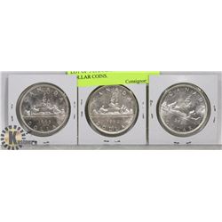 LOT OF 3 CANADIAN SILVER DOLLAR COINS.