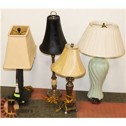 LOT OF 4 ASSORTED TABLE LAMPS.