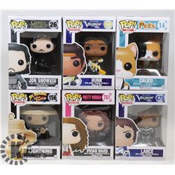 LOT OF 6 ASSORTED FUNKO POP VINYL FIGURES.