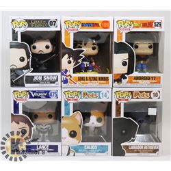 LOT OF 6 ASSORTED FUNKO POP VINYL FIGURES.