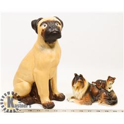 LARGE POTTERY DOG AND ONE SMALL SET WITH MOTHER