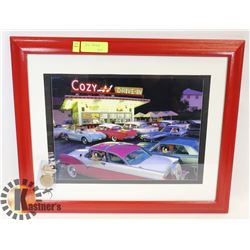 VINTAGE CARS AT DRIVE IN FRAMED PICTURE