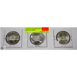 LOT OF 3 CANADIAN SILVER DOLLAR COINS.