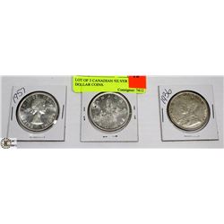 LOT OF 3 CANADIAN SILVER DOLLAR COINS.