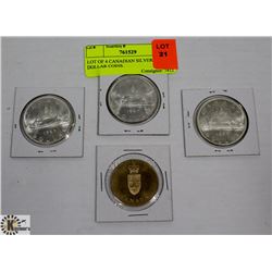 LOT OF 4 CANADIAN SILVER DOLLAR COINS.