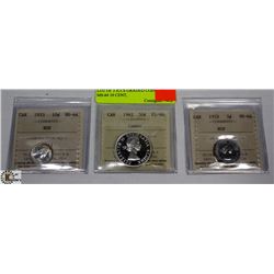 LOT OF 3 ICCS GRADED COINS 1953 MS-64 10 CENT,
