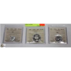 LOT OF 3 ICCS GRADED COINS 1953 MS-64 10 CENT,