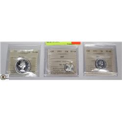 LOT OF 3 ICCS GRADED COINS 1953 MS-64 10 CENT,