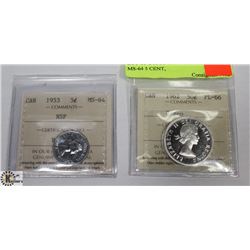 LOT OF 2 ICCS GRADED COINS 1953 MS-64 5 CENT,