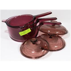 3 VINTAGE CORNING USA GLASS POTS - 1L, 1.5L, 2L