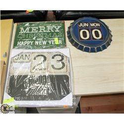 LOT OF 3 WALL HANGING CALENDARS/METAL SIGN