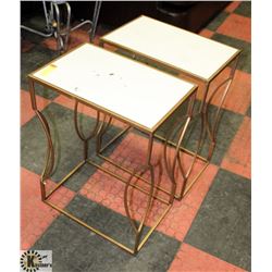 TWO METAL END TABLES WITH WHITE TOP.