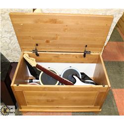 WOODEN BOX WITH PS2 GUITAR HERO DRUMSET WITH FOOT
