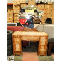 VINTAGE WOOD VANITY WITH ROUND MIRROR,