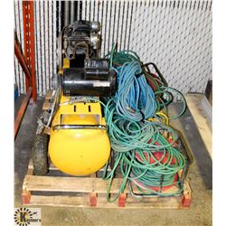PALLET OF ASSORTED AIR PRODUCTS, HOSES, COMPRESSOR