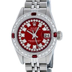 Rolex Ladies Stainless Steel Red Ruby & Diamond Datejust Wristwatch