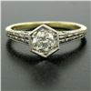 Image 2 : 14k Gold & Platinum Old European Diamond Etched Solitaire Ring