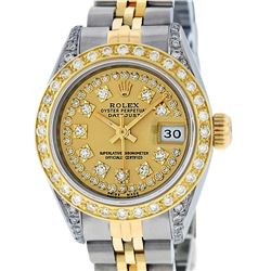 Rolex Ladies 2 Tone 18K Champagne String Diamond Lugs Datejust Wristwatch With R