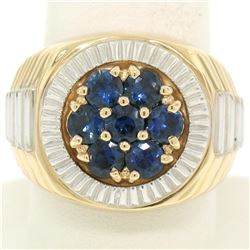 Men's 14k Two Tone Gold 2.50 ctw Round Sapphire Cluster Ribbed BOLD Ring