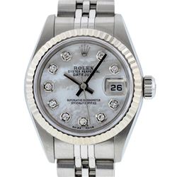 Rolex Ladies Stainless Steel Mother Of Pearl Diamond Quickset Datejust Wristwatc