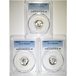 3 1945-D MERCURY DIMES PCGS MS-65 FB BLAST WHITE