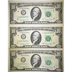 (3) $10 FEDERAL RESERVE NOTES ALL GEM UNC:
