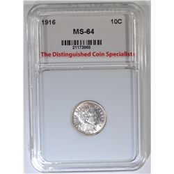 1916 BARBER DIME, TDCS CH/ GEM BU