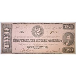 1862 $2 CONFEDERATE STATES NOTE AU/CU