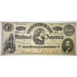 1862 $100 CONFEDERATE STATES NOTE AU/CU