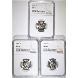3-1965 JEFFERSON NICKELS, NGC MS-66