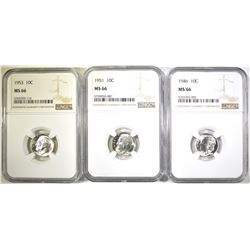 1946, 51 & 53 ROOSEVELT  DIMES, NGC MS-66
