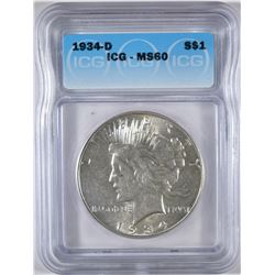 1934-D PEACE DOLLAR ICG MS-60