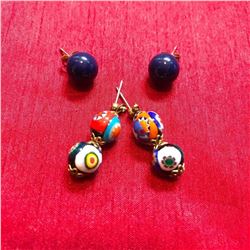 Two Pairs of Vintage Lapis & Millefiori Post Earrings