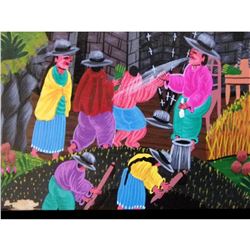 13 3/4" X 9 3/4" Unframed Painting On Animal Skin-cayo-haitian? Village Scene