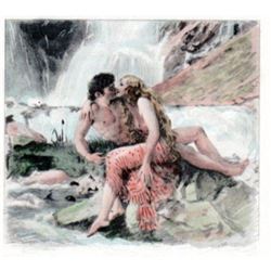 Paul Emille Becat Erotica Nude Seductress Woman Waterfall P. Becat Vintage Art Matted