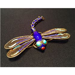 Chinese Export Sterling Silver & Enamel Articulated Dragonfly Brooch Pin