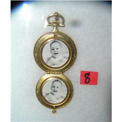 Pocket watch shaped double photo gold tone locket