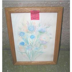 Floral artist signed water color in oak frame