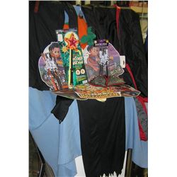 Group of Halloween costumes and decorations
