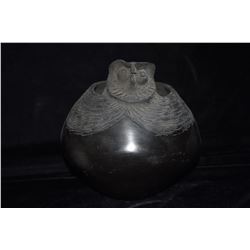 6 1/2" Tall Black on Black Owl Effigy Pottery, Signed