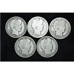Lot of 5 Barber Half Dollars, 1905, 1912, 1908, 1911,