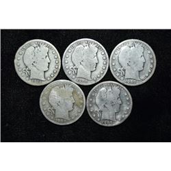Lot of 5 Barber Half Dollars, 1905, 1906, 1908, 1911,