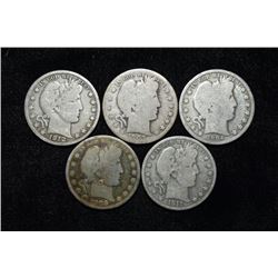 Lot of 5 Barber Half Dollars, 1904, 1912, 1908, 1911,