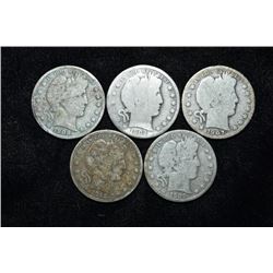 Lot of 5 Barber Half Dollars, 1902, 1912, 1908, 1907,