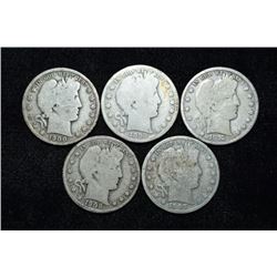 Lot of 5 Barber Half Dollars, 1899, 1912, 1908, 1900,